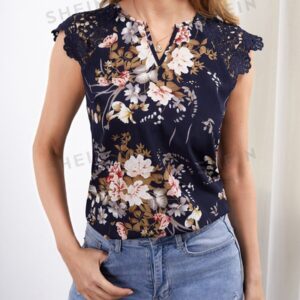 Clasi Top de cuello notch con encaje de manga raglán