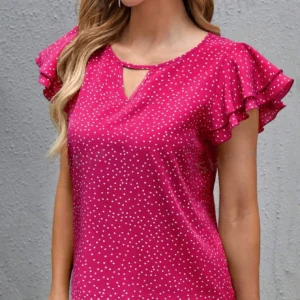 Camisa De Tejido Con Doble Capa Con Estampado De Lunares Y Orilla De Volantes