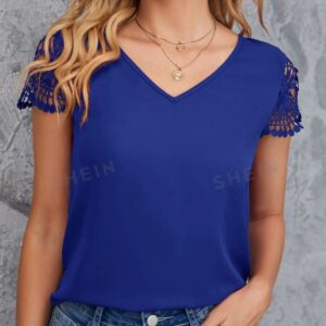 Blusa de cuello V panel con encaje en contraste