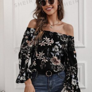 Blusa con estampado floral de hombros descubiertos