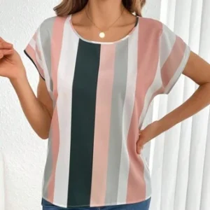 Camisa de manga murciélago a rayas de bloque de color para mujer para el verano
