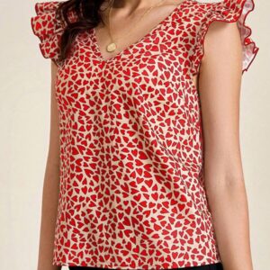 Blusa Con Estampado De Corazones Y Mangas Voladoras Para Mujer