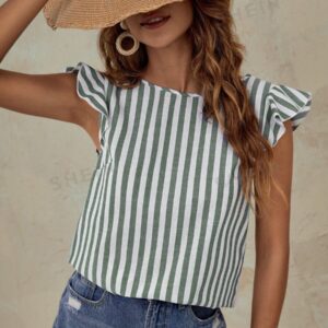 Blusa de rayas verticales bajo con fruncido con botón trasero