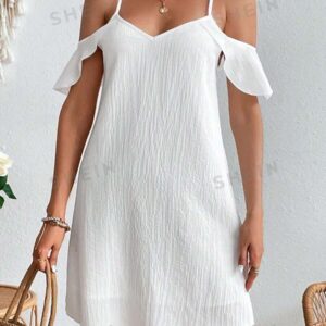 Vestido casual de unicolor con hombros abiertos y tirantes finos para vacaciones para mujeres