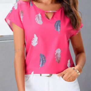 Blusa con estampado de pluma de cuello con abertura de ojo de manga murciélago