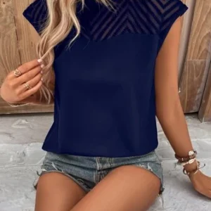 LUNE Blusa de malla en contraste yugo de espalda con abertura de ojo