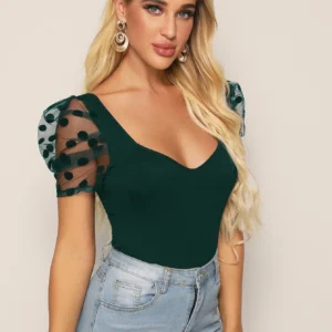 Privé Top de manga de malla de cuello sweetheart
