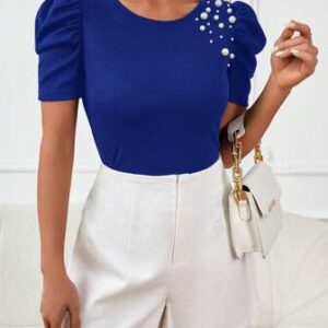 Privé Camiseta de mangas abullonadas ajustada con perlas decorativas para mujer