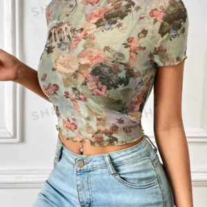 Privé Top con estampado floral con figura ribete en forma de lechuga de cuello alto de malla