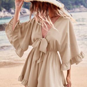 VCAY Mono flojo de manga murciélago con nudo frontal y de unicolor para mujeres en vacaciones