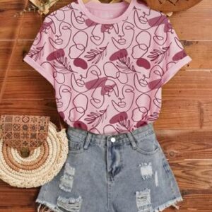 LUNE Camiseta Casual Para Mujer Con Cuello Redondo Y Mangas Cortas Con Impresión Abstracta De Rostro Humano