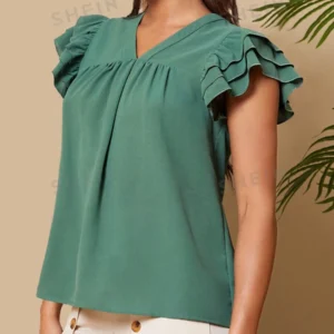 Tall Blusa Sólida De Color Con Dobladillo Y Volantes Con Cuello En V Profundo
