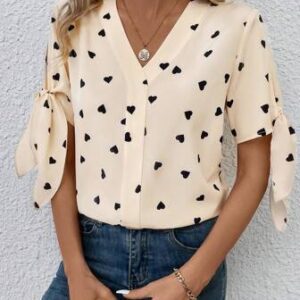 LUNE Blusa Con Puños Anudados Y Estampado De Corazones Con Cuello En V Para Mujer