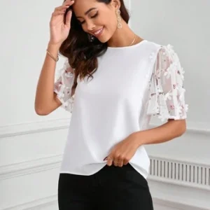 Clasi Camisa blanca elegante y elegante de bordado para mujer con mangas parcheadas para verano, camisa de encaje