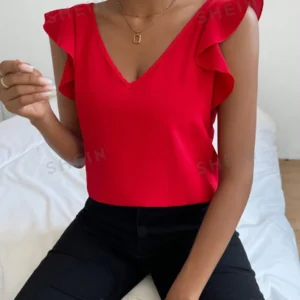 Privé Blusa De Mujer Con Decoración De Dobladillo Con Volantes Y Cuello En V