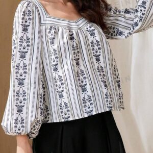Mulvari Blusa De Manga Con Cuello De Corazón Y Manga Acampanada Con Estampado Floral Para Mujer