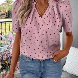 Privé Camisa De Manga Abullonada Con Estampado De Corazones Para Mujer