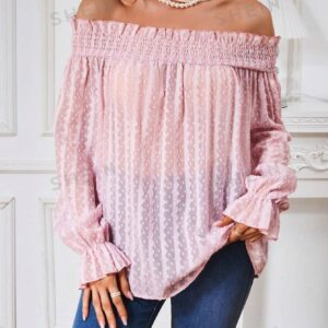 LUNE Blusa Fruncida Con Hombros Descubiertos, Ribete De Volantes Y Mangas Largas Para Mujer