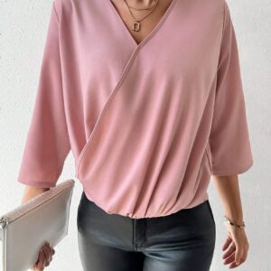 Frenchy Camisa Sólida Para Damas Con Frente De Envoltura Y Mangas Enrolladas