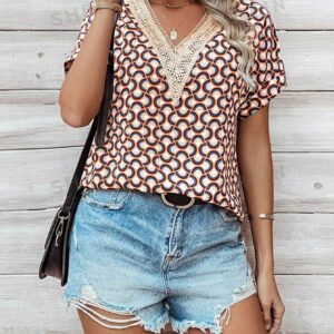 LUNE Blusa De Cuello En V De Encaje Y Correa De Parches De Estampado Floral