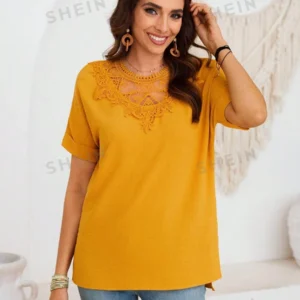 ROSE Blusa De Manga Corta Con Panel De Malla Bordado
