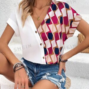 LUNE Camisa De Botones Asimétrica De Patchwork Impresa Geométrica Para Mujer