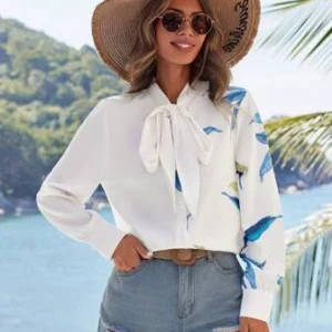 VCAY Camisa De Mujer Con Cuello De Cordones Y Estampado De Plantas