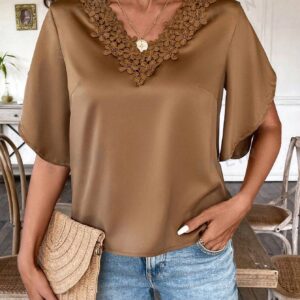 VCAY Camisa De Manga Corta Para Mujer Con Adorno Floral De Apliques