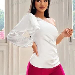 SXY Camisa De Satén Blanca De Un Hombro Para Mujer En Primavera
