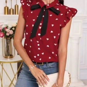 Clasi Blusa De Corazones Con Detalle De Lazo Con Bloques De Color Para Mujeres
