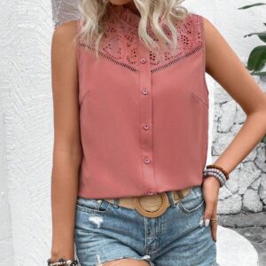 VCAY Camisa Sin Mangas Con Panel Bordado De Calado