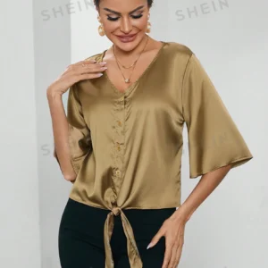 Clasi Blusa Sólida De Manga Acampanada Con Corbata Delantera