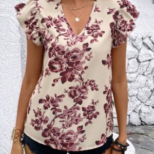 Essnce Blusa De Manga Corta Y Cuello En V Con Estampado De Flores Para Mujeres