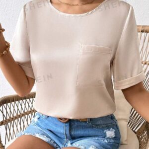 Essnce Camisa Casual De Manga Corta Con Cuello Redondo Y Bolsillo Con Parche En Color Sólido