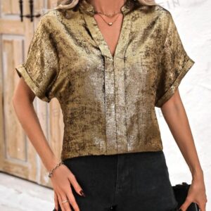 Clasi Camisa Brillante Con Cuello Con Muescas Para Mujer