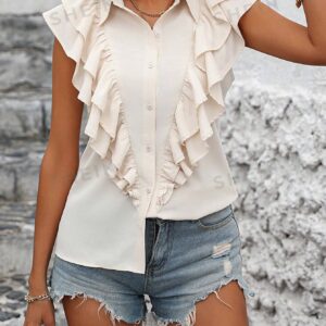 Frenchy Camisa De Mujer De Un Solo Color Con Botones Y Dobladillo Con Volantes