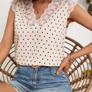 VCAY Blusa De Malla Con Manga Corta Y Corazón Estampado