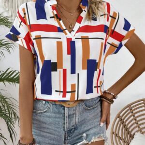 LUNE Blusa De Manga Murciélago Con Cuello En V Ahuecado Y Estampado Geométrico Para Mujer
