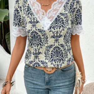 Frenchy Camisa de verano para mujer con estampado floral y panel de encaje retro